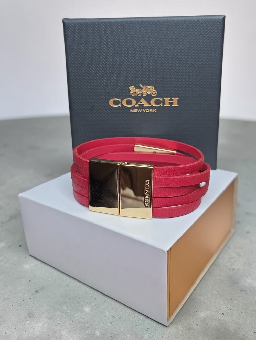 Coach Red Multi-Strand Leather Wrap Bracelet with Gold Tone Clasp With BOX